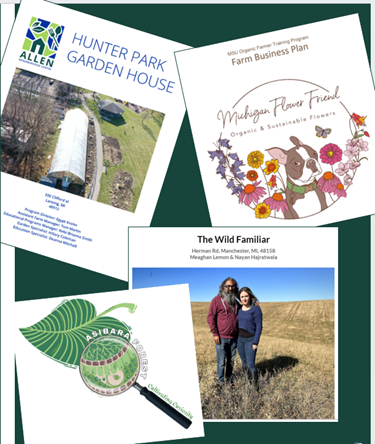 Collage of farm business plan examples and farmer profiles, including Hunter Park Garden House, Michigan Flower Friend, The Wild Familiar, and Anbara Forest, with logos, cover images, and photos.